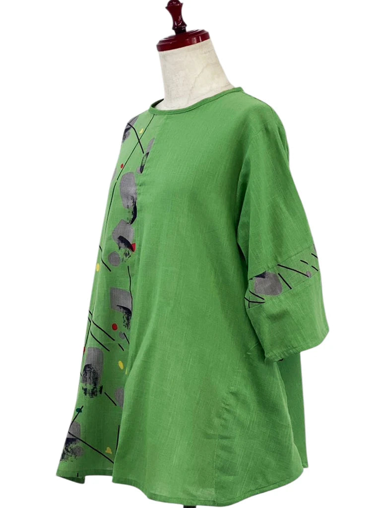 MONA LISA by Pure Fit - Slit Back Panel Pullover - Solid/Geometric Flow Print - 263335-GE - Green (H)