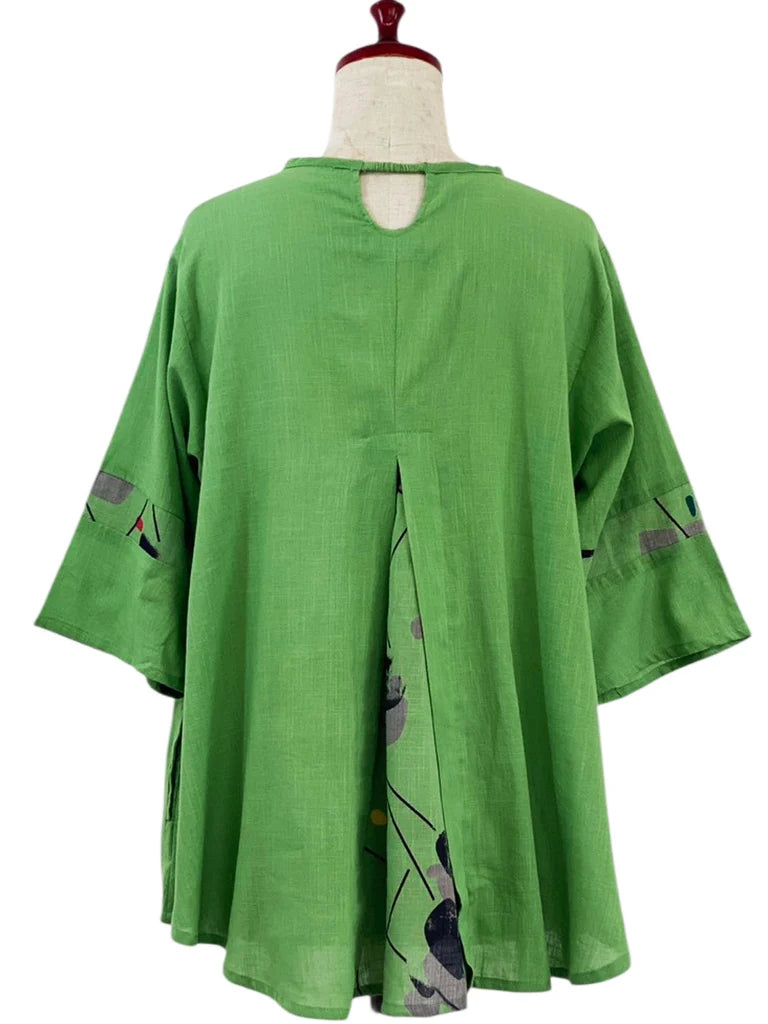 MONA LISA by Pure Fit - Slit Back Panel Pullover - Solid/Geometric Flow Print - 263335-GE - Green (H)