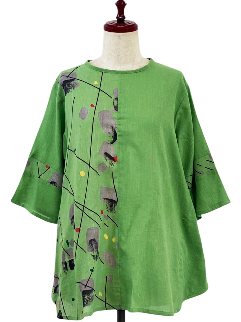 MONA LISA by Pure Fit - Slit Back Panel Pullover - Solid/Geometric Flow Print - 263335-GE - Green (H)
