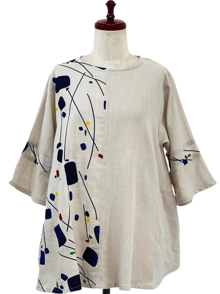 MONA LISA by Pure Fit - Slit Back Panel Pullover - Solid/Geometric Flow Print - 263335-LG - LIGHT GREY
