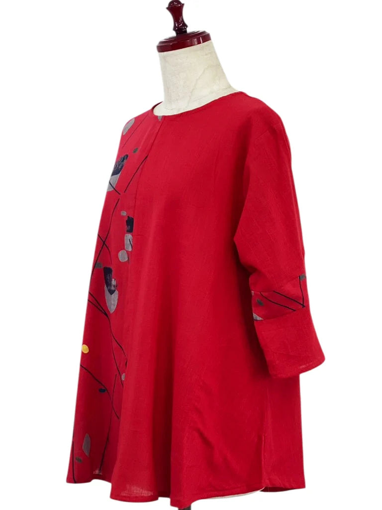MONA LISA by Pure Fit - Slit Back Panel Pullover - Solid/Geometric Flow Print - 263335-RE - RED (E)