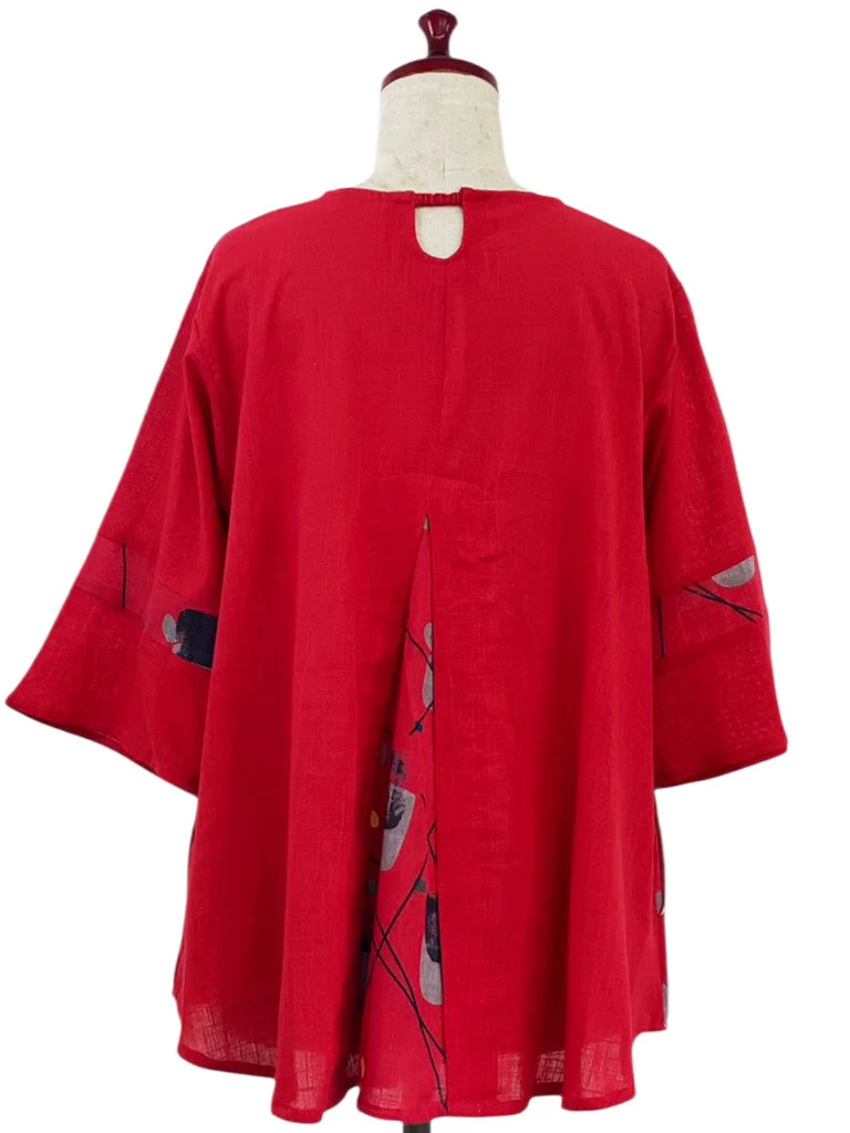 MONA LISA by Pure Fit - Slit Back Panel Pullover - Solid/Geometric Flow Print - 263335-RE - RED (E)