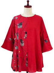 MONA LISA by Pure Fit - Slit Back Panel Pullover - Solid/Geometric Flow Print - 263335-RE - RED (E)