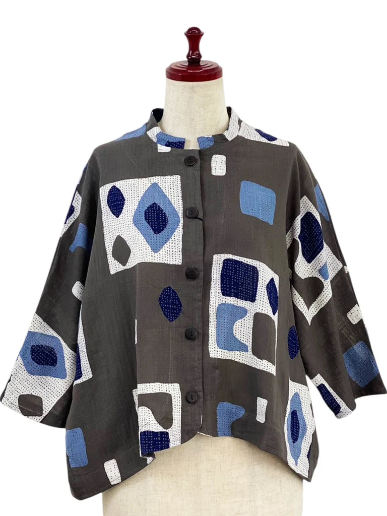 MONA LISA by Pure Fit - Crop Jacket - Retro Geometric Print - 263357-1-CH - CHARCOAL GREY (B)