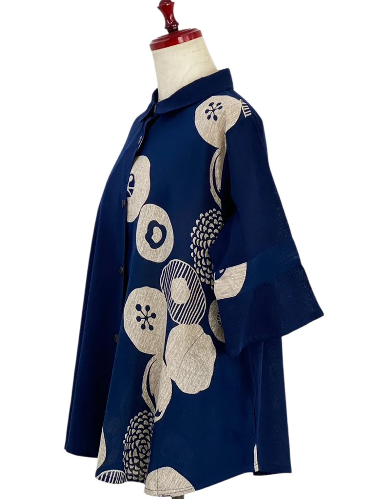 MONA LISA by Pure Fit - Slit Back Panel Jacket - Solid/Kiku Pop Print - 263371-DB - DARK BLUE (C)