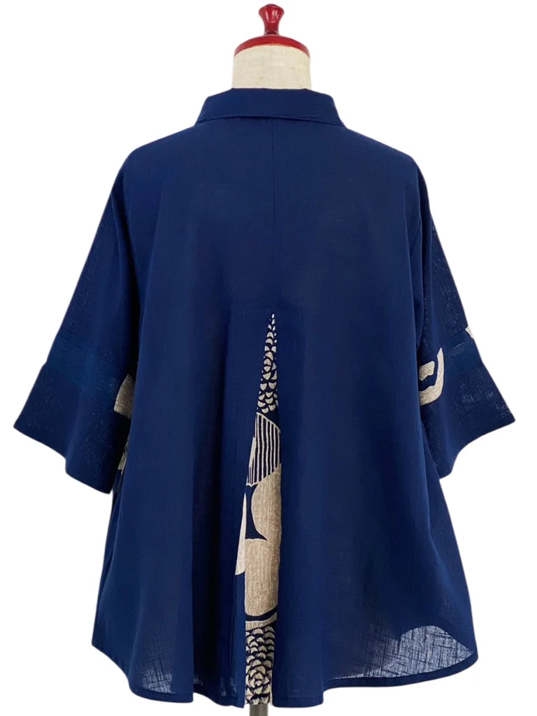MONA LISA by Pure Fit - Slit Back Panel Jacket - Solid/Kiku Pop Print - 263371-DB - DARK BLUE (C)