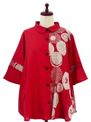 MONA LISA by Pure Fit - Slit Back Panel Jacket - Solid/Kiku Pop Print - 263371-RE - RED (E)