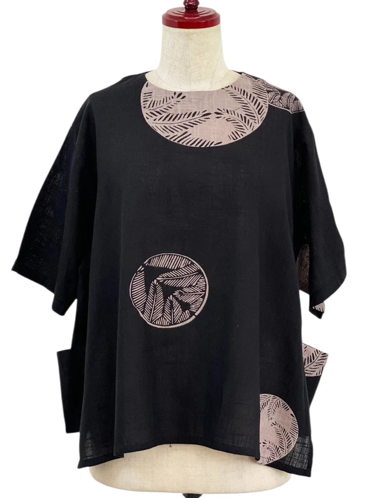 MONA LISA by Pure Fit - 263405-BK - Hi-Lo Pocket Pullover - Fern Circle Print - Black (A)