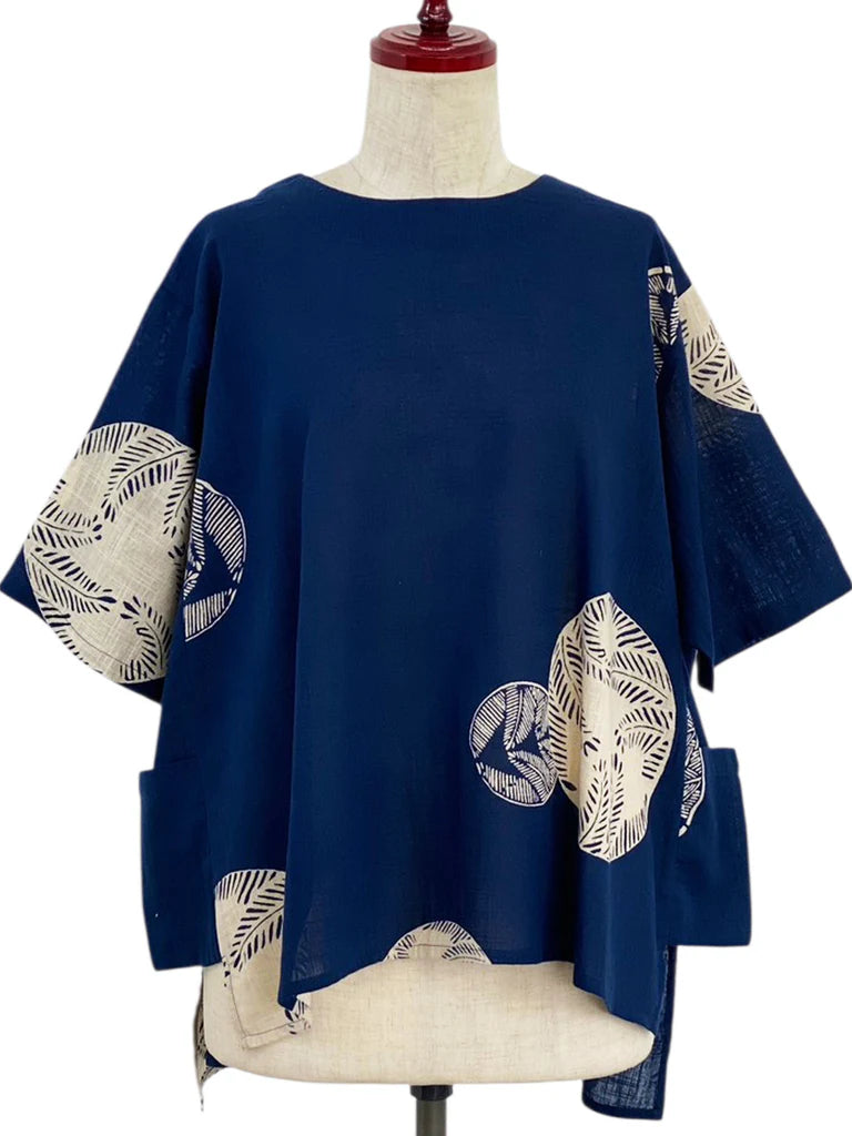 MONA LISA by Pure Fit - 263405-DB - Hi-Lo Pocket Pullover - Fern Circle Print - Dark Blue (C)