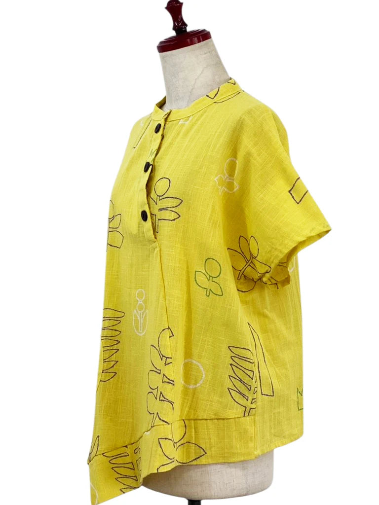 MONA LISA by Pure Fit - Asymmetrical Button Accent Pullover - Garden Print - 263415-MU - MUSTARD (F)