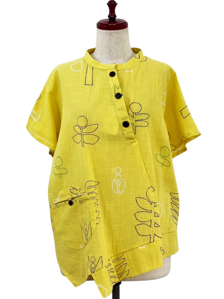 MONA LISA by Pure Fit - Asymmetrical Button Accent Pullover - Garden Print - 263415-MU - MUSTARD (F)
