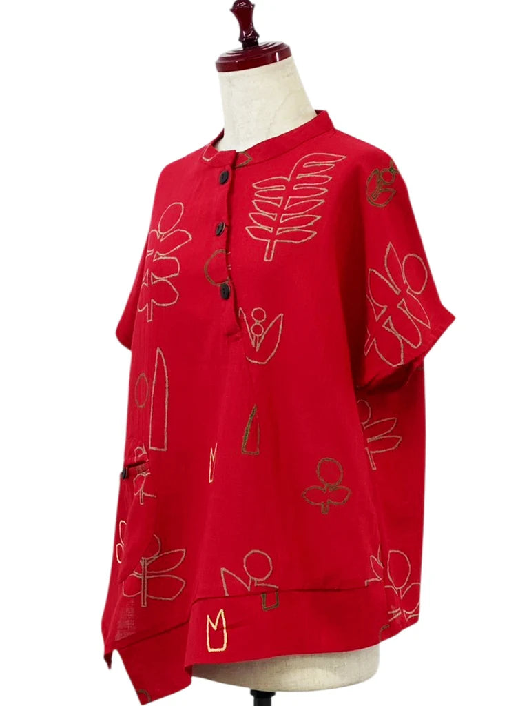 MONA LISA by Pure Fit - Asymmetrical Button Accent Pullover - Garden Print - 263415-RE - RED (E)