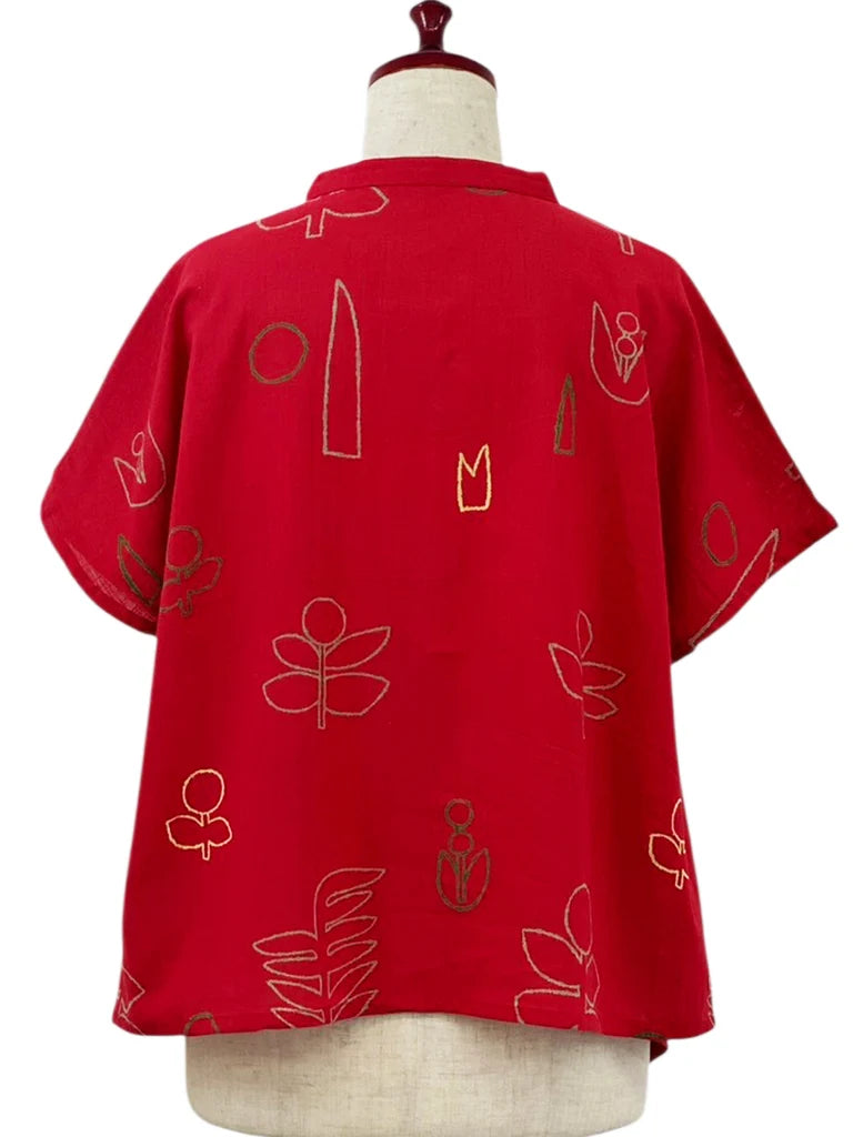 MONA LISA by Pure Fit - Asymmetrical Button Accent Pullover - Garden Print - 263415-RE - RED (E)
