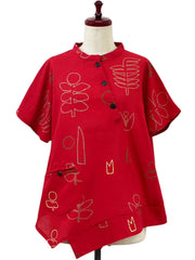 MONA LISA by Pure Fit - Asymmetrical Button Accent Pullover - Garden Print - 263415-RE - RED (E)
