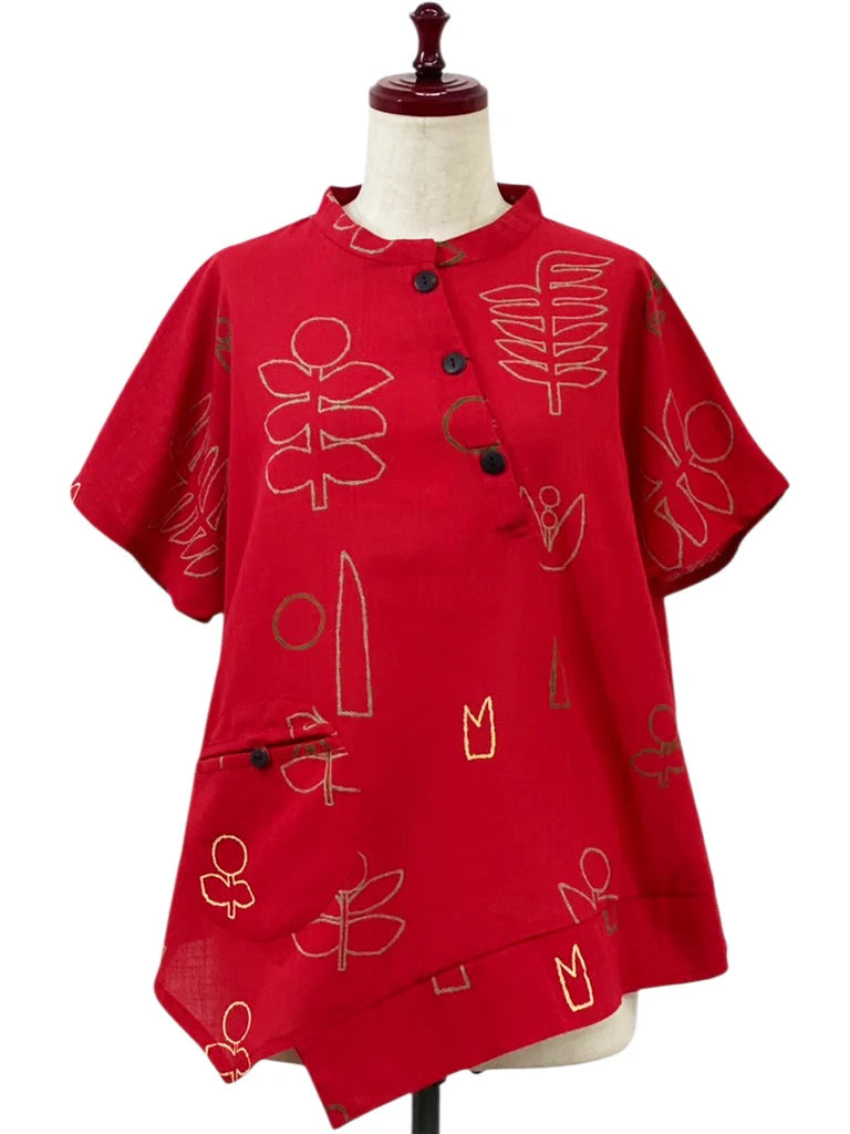 MONA LISA by Pure Fit - Asymmetrical Button Accent Pullover - Garden Print - 263415-RE - RED (E)