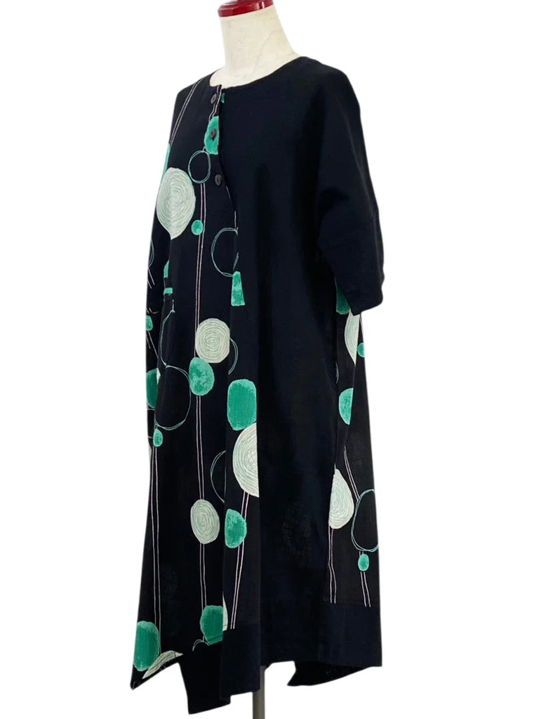MONA LISA by Pure Fit - Circle Pocket Asymmetrical Dress - Solid/Scribble Circles Print - 263416-BK - BLACK (A)
