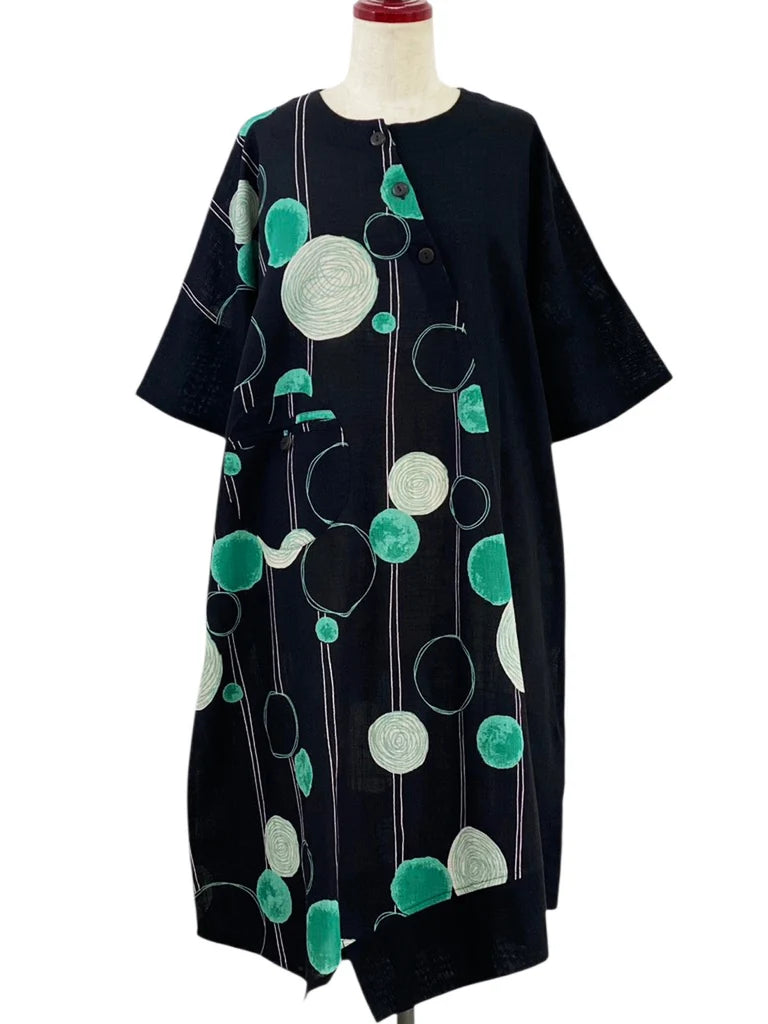 MONA LISA by Pure Fit - Circle Pocket Asymmetrical Dress - Solid/Scribble Circles Print - 263416-BK - BLACK (A)