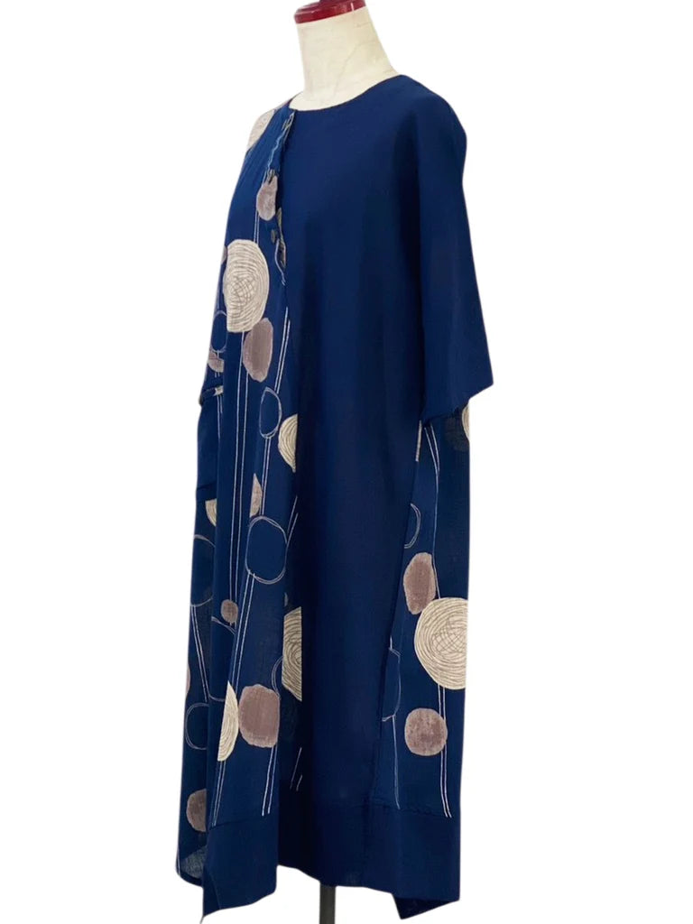 MONA LISA by Pure Fit - Circle Pocket Asymmetrical Dress - Solid/Scribble Circles Print - 263416-DB - DARK BLUE (C)