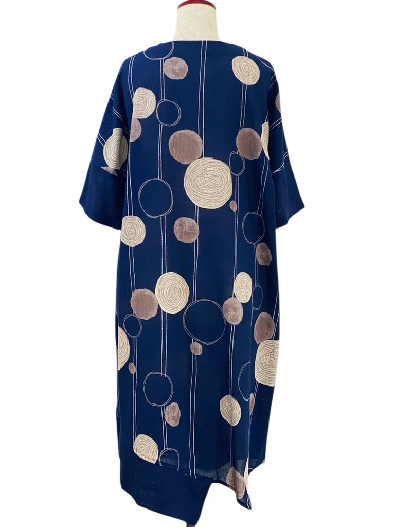 MONA LISA by Pure Fit - Circle Pocket Asymmetrical Dress - Solid/Scribble Circles Print - 263416-DB - DARK BLUE (C)