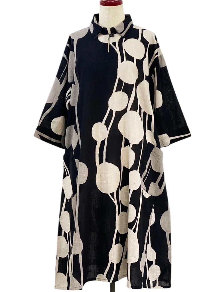 MONA LISA by Pure Fit - Collared Dress - Bead Strands Print - 263425-BK - BLACK (A)