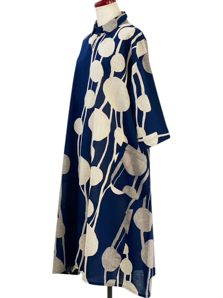 MONA LISA by Pure Fit - Collared Dress - Bead Strands Print - 263425-DB - DARK BLUE (C)