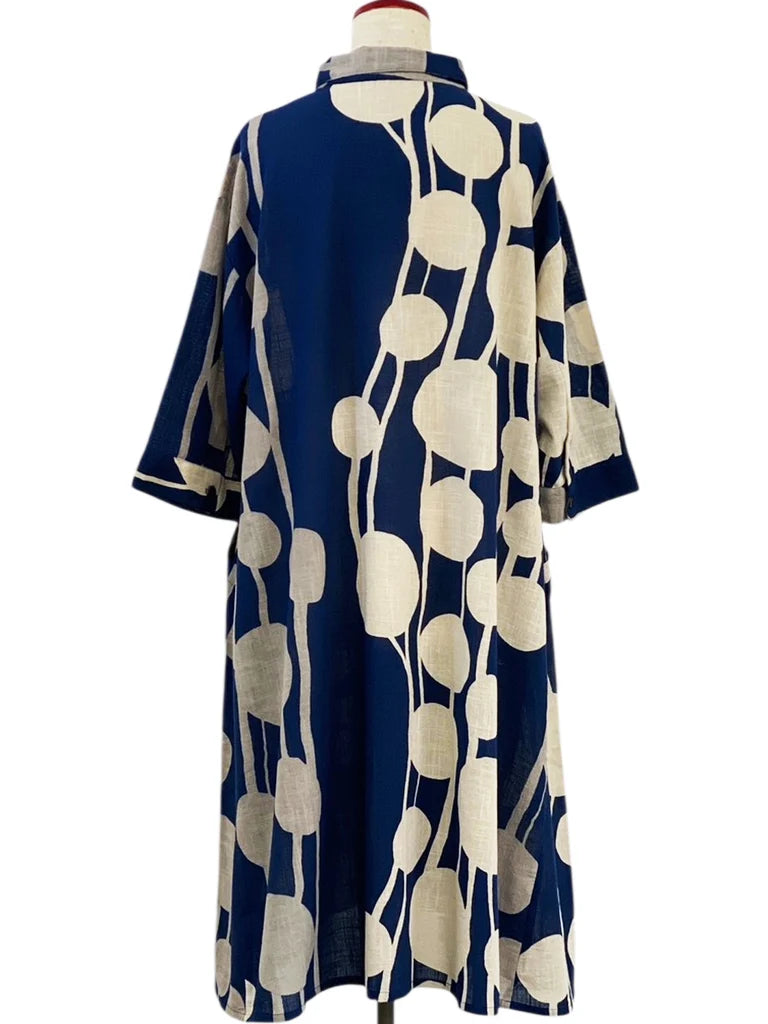 MONA LISA by Pure Fit - Collared Dress - Bead Strands Print - 263425-DB - DARK BLUE (C)