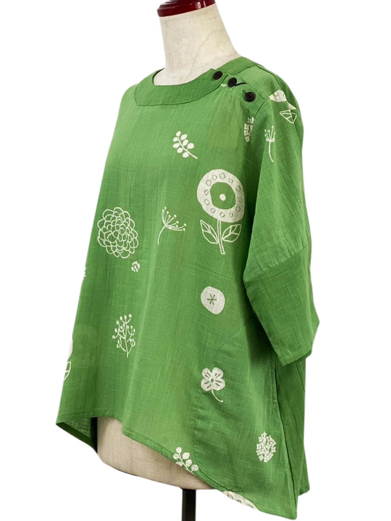 MONA LISA by Pure Fit - Button Accent Pullover - Whimsical Print - 263427-GE - GREEN (H)