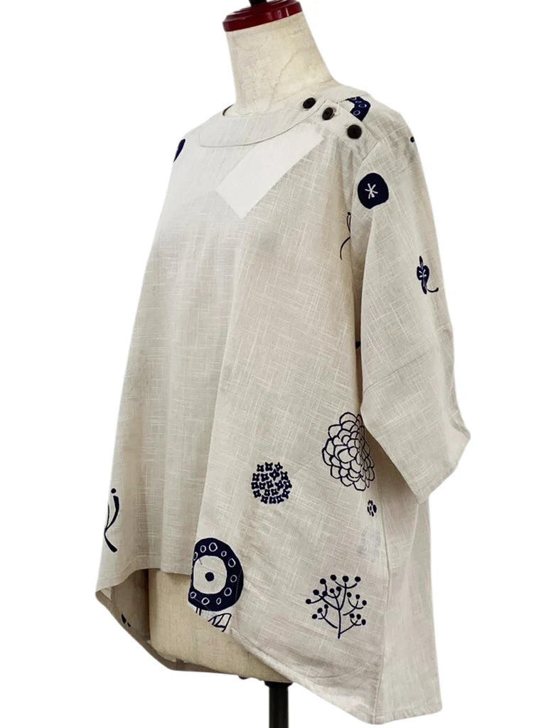 MONA LISA by Pure Fit - Button Accent Pullover - Whimsical Print - 263427-LG - LIGHT GREY (B)
