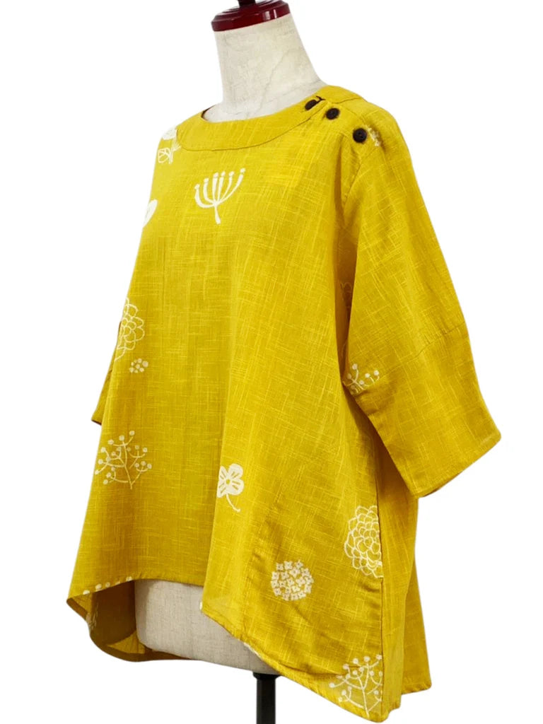 MONA LISA by Pure Fit - Button Accent Pullover - Whimsical Print - 263427-MU - MUSTARD (F)
