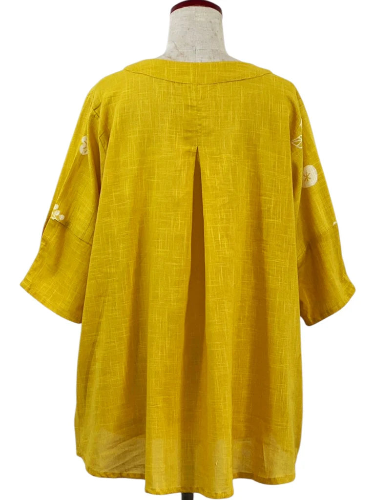 MONA LISA by Pure Fit - Button Accent Pullover - Whimsical Print - 263427-MU - MUSTARD (F)
