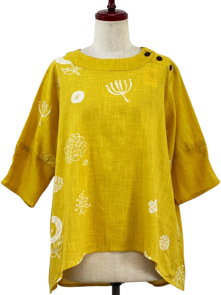 MONA LISA by Pure Fit - Button Accent Pullover - Whimsical Print - 263427-MU - MUSTARD (F)