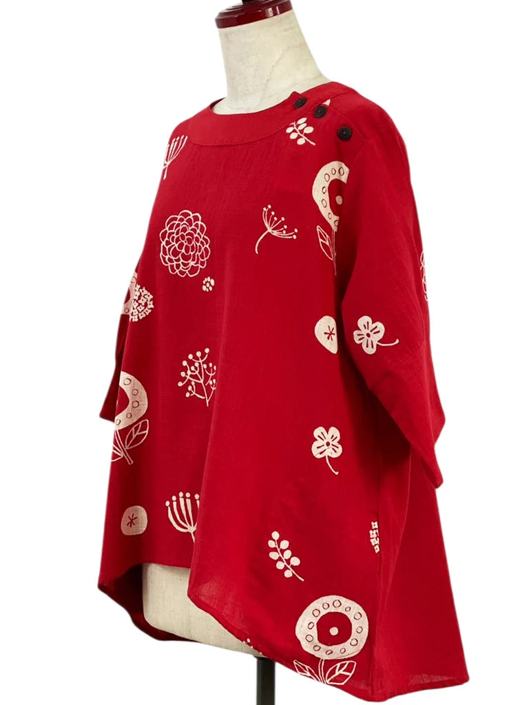 MONA LISA by Pure Fit - Button Accent Pullover - Whimsical Print - 263427-RE - RED (E)