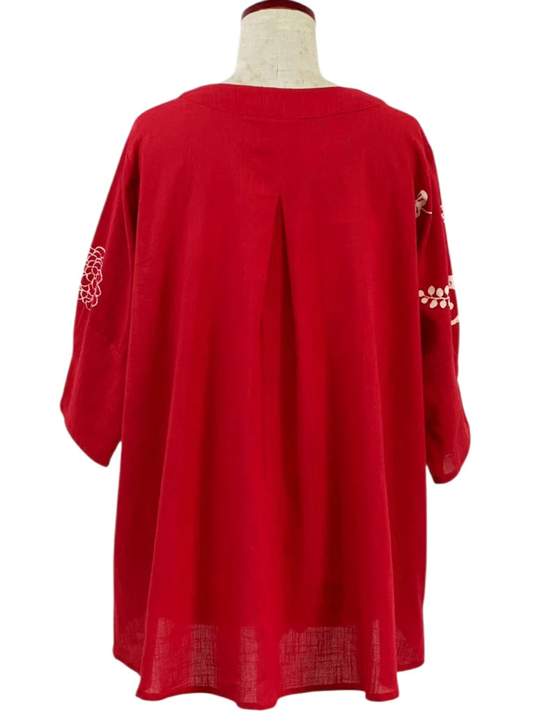MONA LISA by Pure Fit - Button Accent Pullover - Whimsical Print - 263427-RE - RED (E)