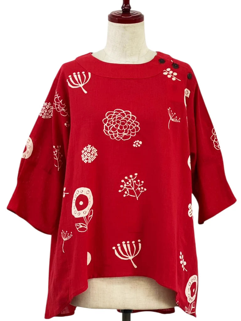 MONA LISA by Pure Fit - Button Accent Pullover - Whimsical Print - 263427-RE - RED (E)