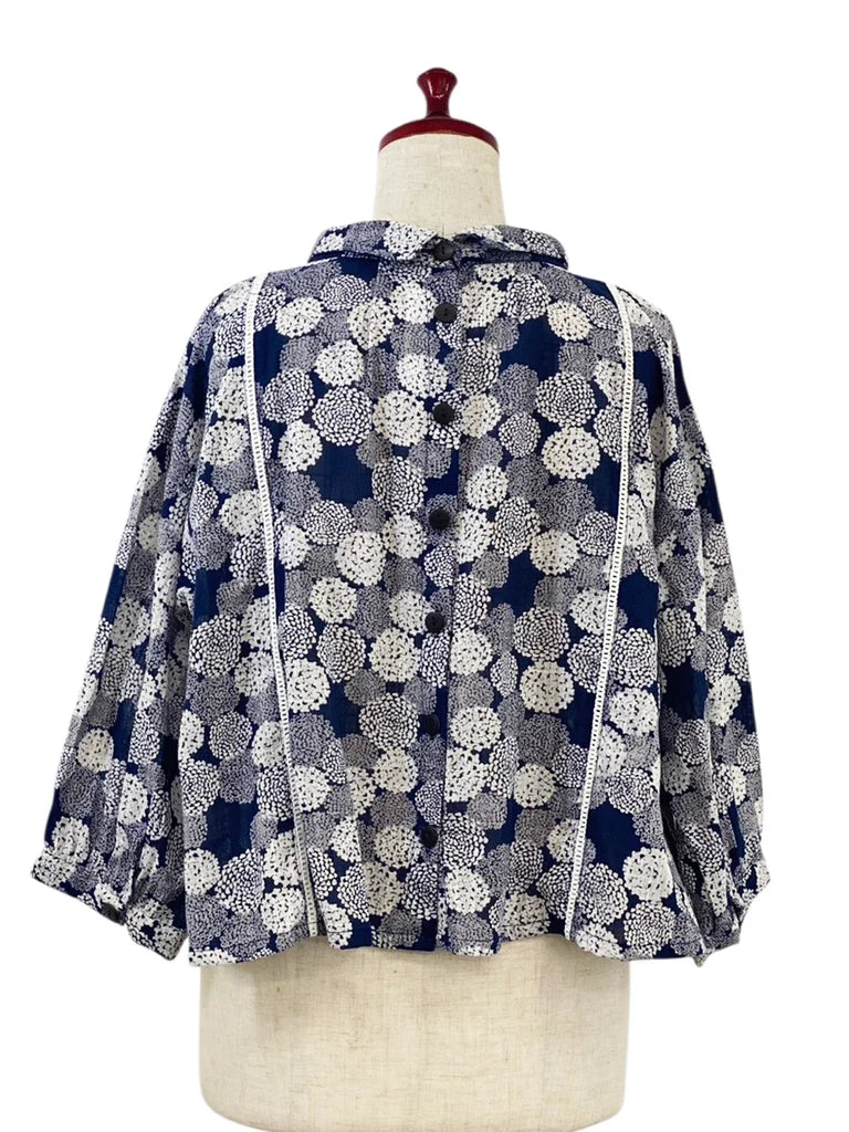 MONA LISA by Pure Fit - Back Button Crop Top - Dahlia Print - 263430-DB - DARK BLUE (C)