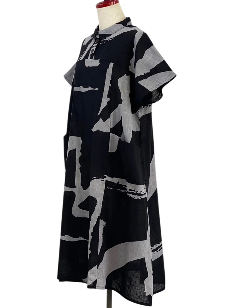 MONA LISA by Pure Fit - Collared Panel Dress - Calligraphy Print - 263439-BK - BLACK (A)