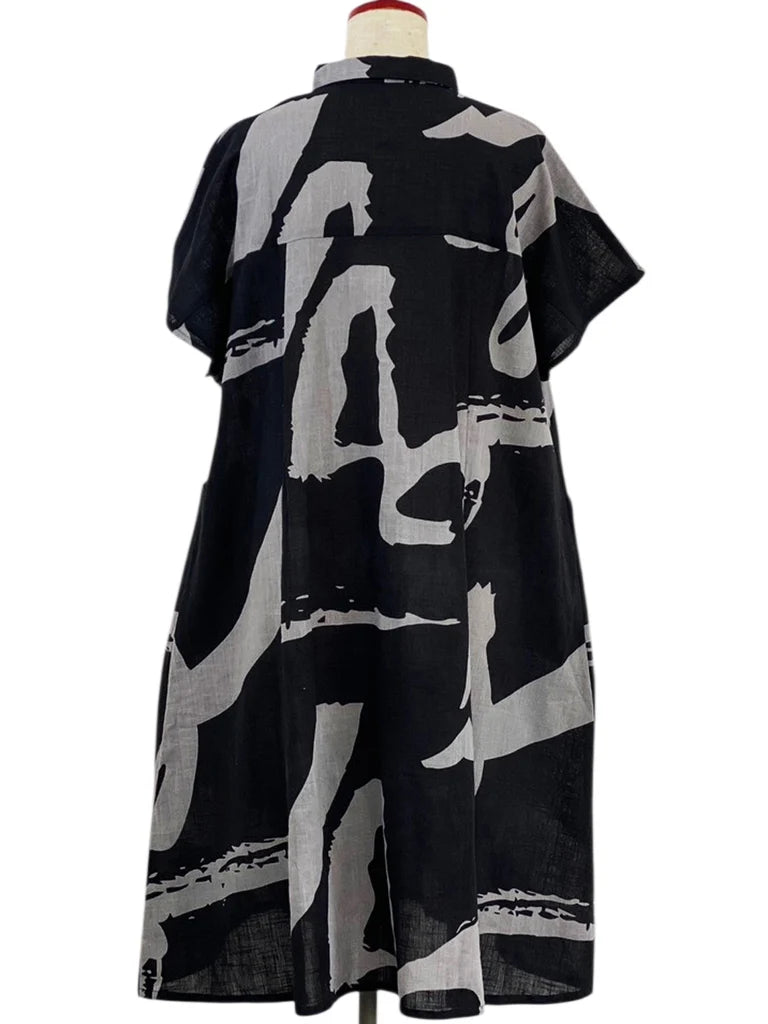 MONA LISA by Pure Fit - Collared Panel Dress - Calligraphy Print - 263439-BK - BLACK (A)