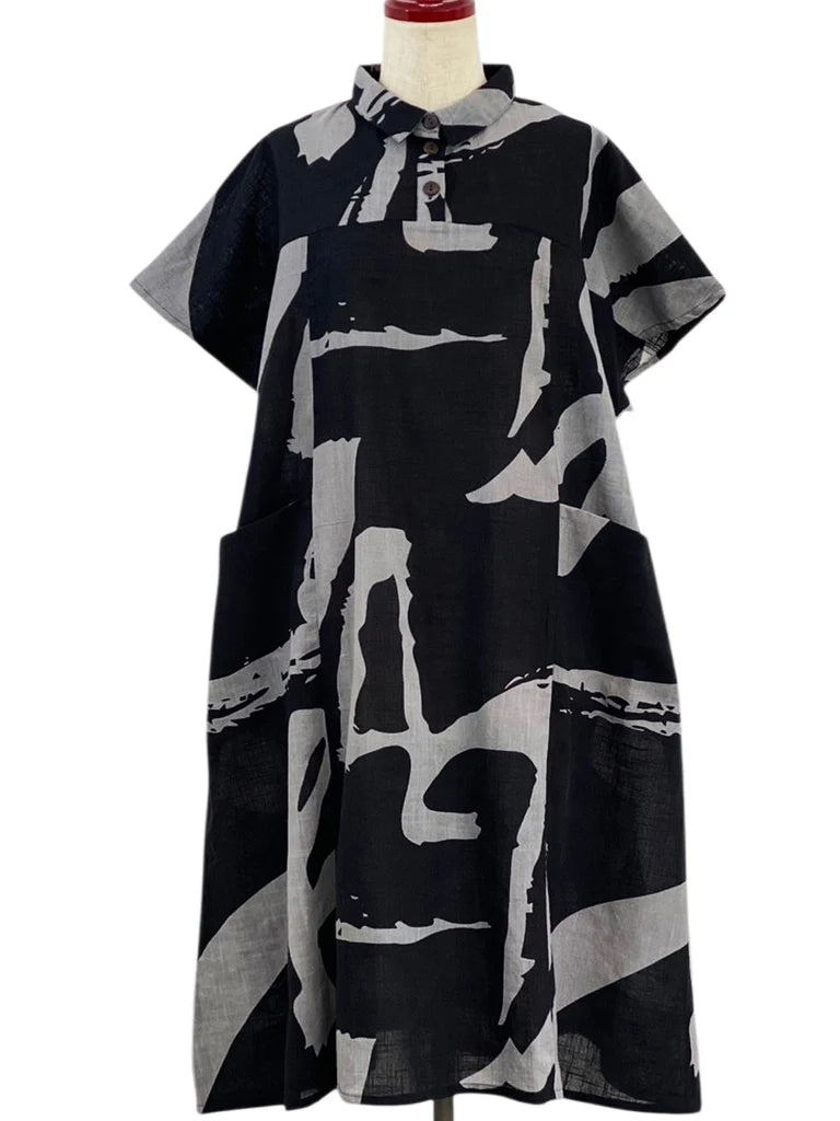 MONA LISA by Pure Fit - Collared Panel Dress - Calligraphy Print - 263439-BK - BLACK (A)