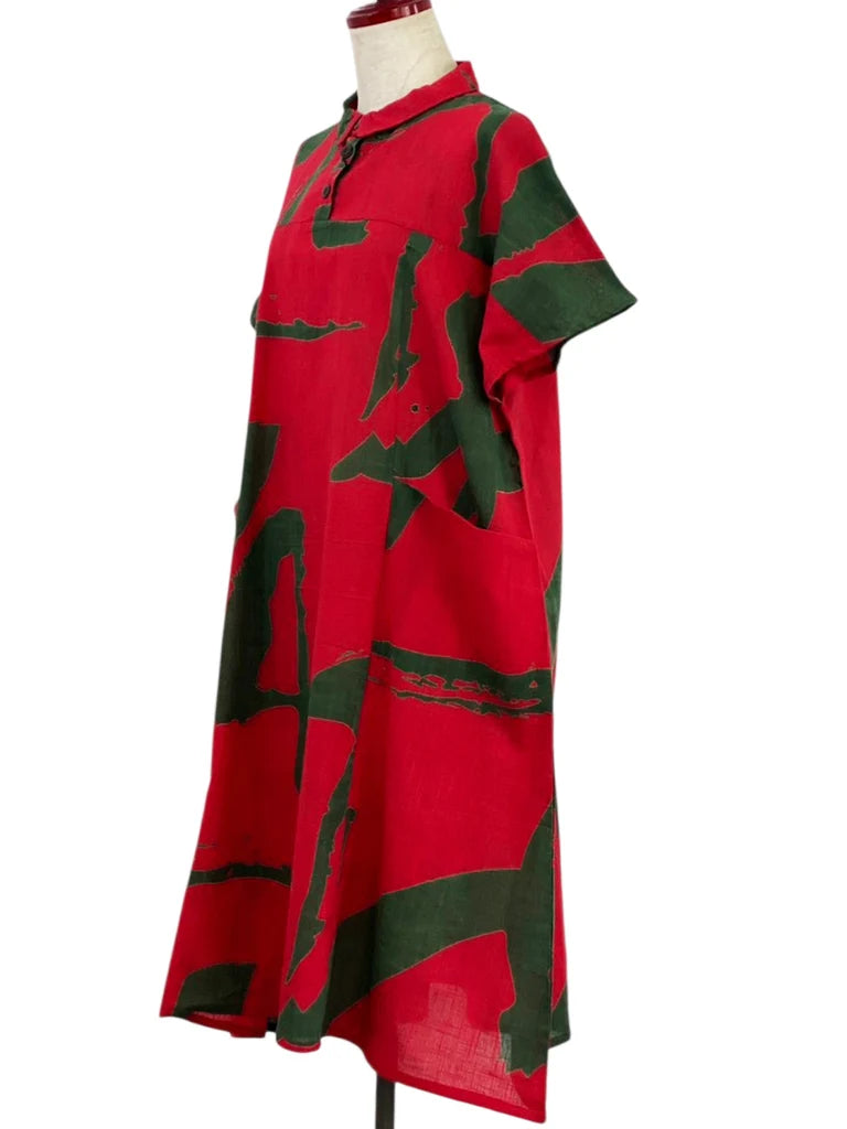 MONA LISA by Pure Fit - Collared Panel Dress - Calligraphy Print - 263439-RE - RED (E)