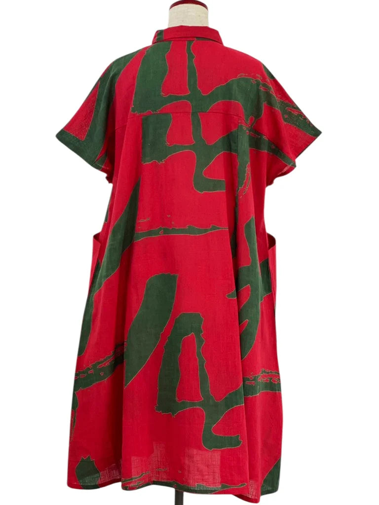 MONA LISA by Pure Fit - Collared Panel Dress - Calligraphy Print - 263439-RE - RED (E)