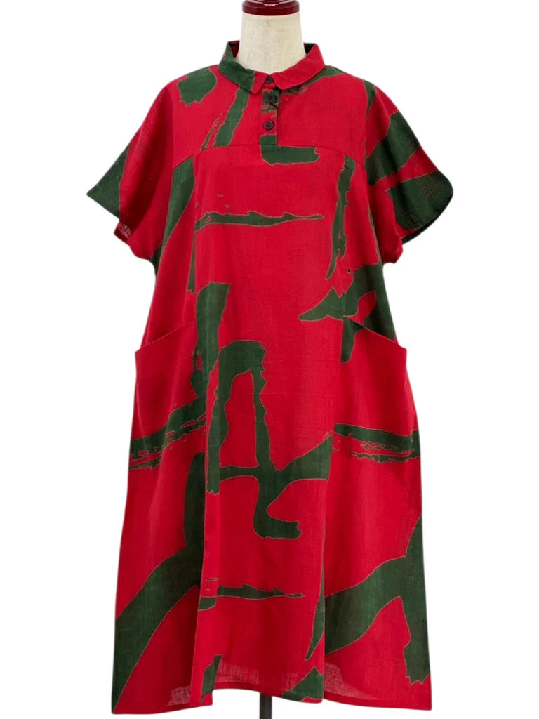 MONA LISA by Pure Fit - Collared Panel Dress - Calligraphy Print - 263439-RE - RED (E)