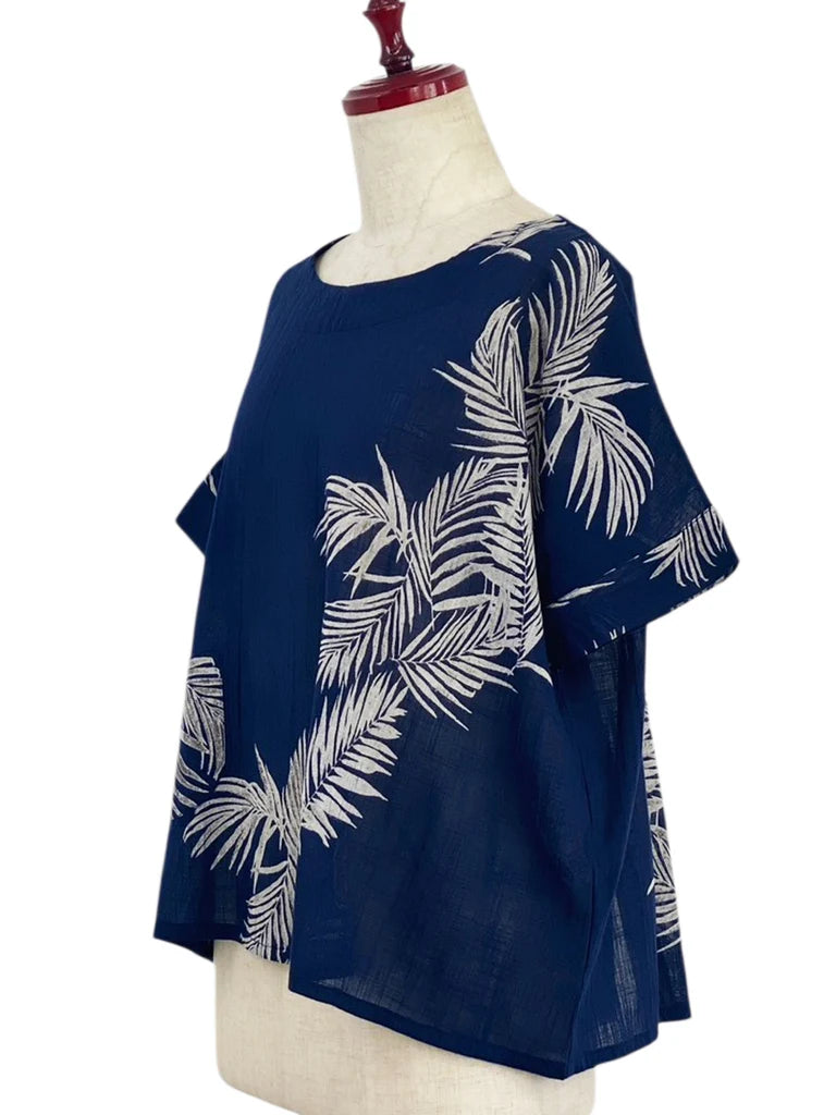 MONA LISA by Pure Fit - Overlap Back Top - Palm Frond Print - 263828-DB - DARK BLUE (C)