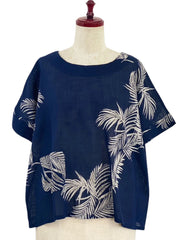 MONA LISA by Pure Fit - Overlap Back Top - Palm Frond Print - 263828-DB - DARK BLUE (C)