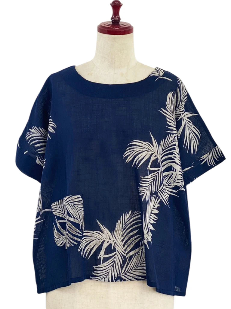 MONA LISA by Pure Fit - Overlap Back Top - Palm Frond Print - 263828-DB - DARK BLUE (C)