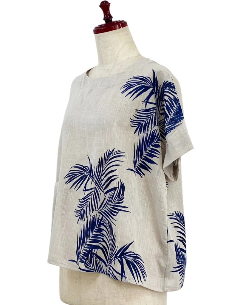MONA LISA by Pure Fit - Overlap Back Top - Palm Frond Print - 263828-LG - LIGHT GREY (B)