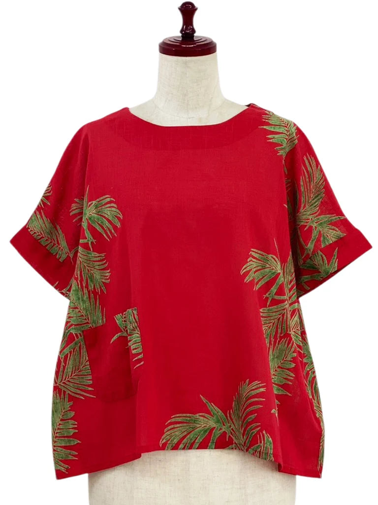 MONA LISA by Pure Fit - Overlap Back Top - Palm Frond Print - 263828-RE - RED (E)