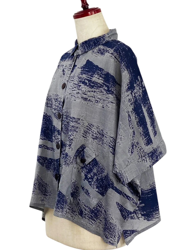 MONA LISA by Pure Fit - Tab Pocket Jacket - Brushstroke Print - 264004-DB - DARK BLUE (C)
