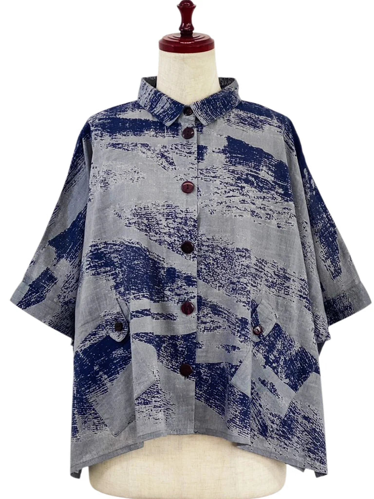 MONA LISA by Pure Fit - Tab Pocket Jacket - Brushstroke Print - 264004-DB - DARK BLUE (C)