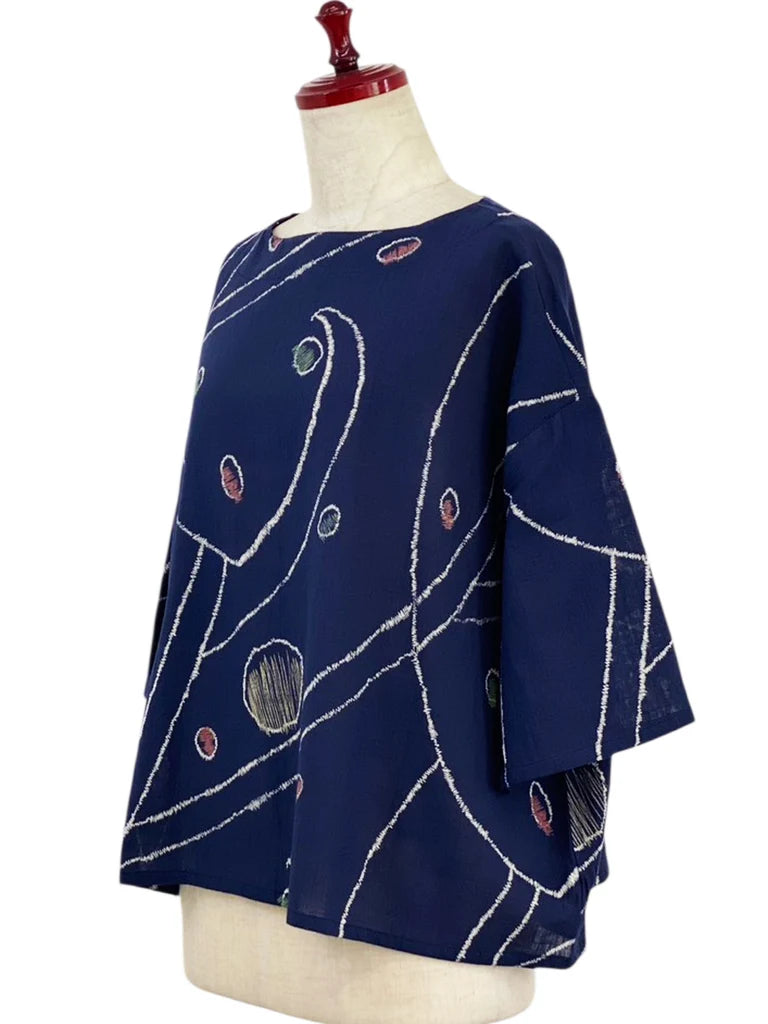 MONA LISA by Pure Fit - Back Button Pullover - Geometric Orbit Print - 264260-DB - DARK BLUE (C)