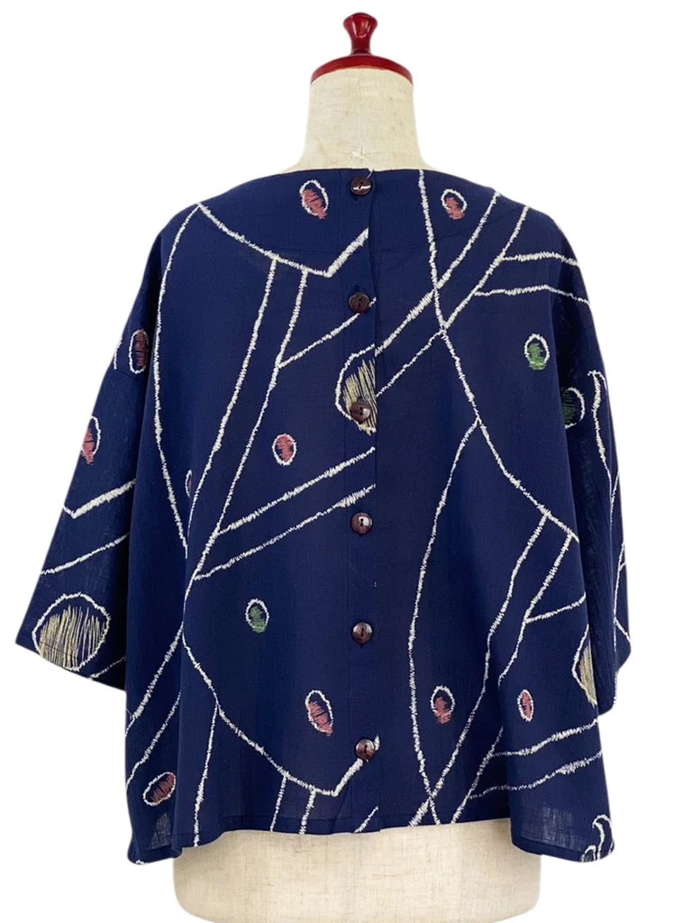 MONA LISA by Pure Fit - Back Button Pullover - Geometric Orbit Print - 264260-DB - DARK BLUE (C)